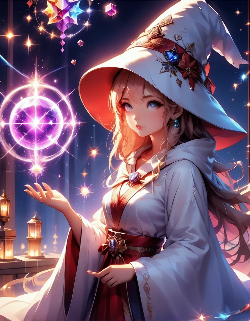 Japanese cartoons style, Japanese cartoons, 1 Girl, Solitary, Wizard Hat, robe, Shareholders, Magic Circle, sparkling, Light Particles, crystal, Prism, Glowing lights