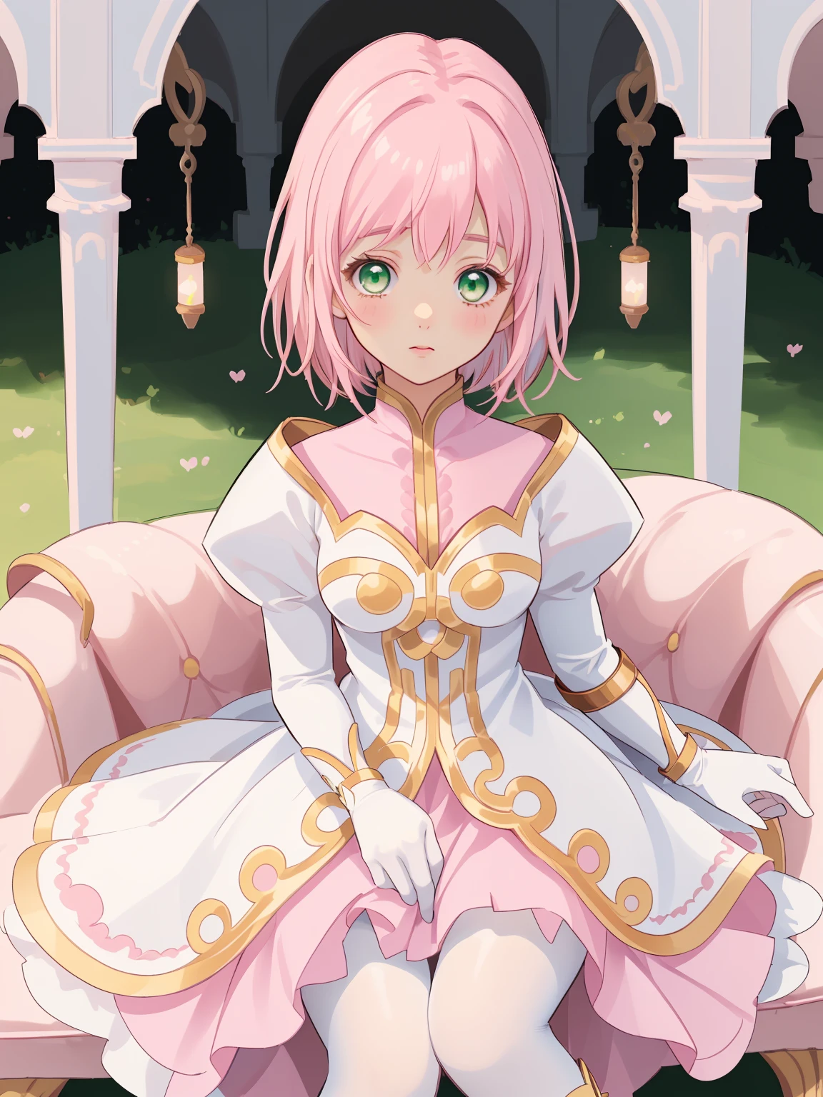 masterpiece, Highest quality, alone, One Girl,Estellise Sidos Heurassein, Pink Hair, short hair, Green Eyes, Small breasts, White and pink dress, Glamorous Dress, Pink collar, Pink Skirt, White boots, White gloves, (Black Pantyhose, Black legwear:1.1)whole body, Little:5, cute, (Beautifully detailed face), (Beautiful attention to detail), (Beautiful detailed hair)