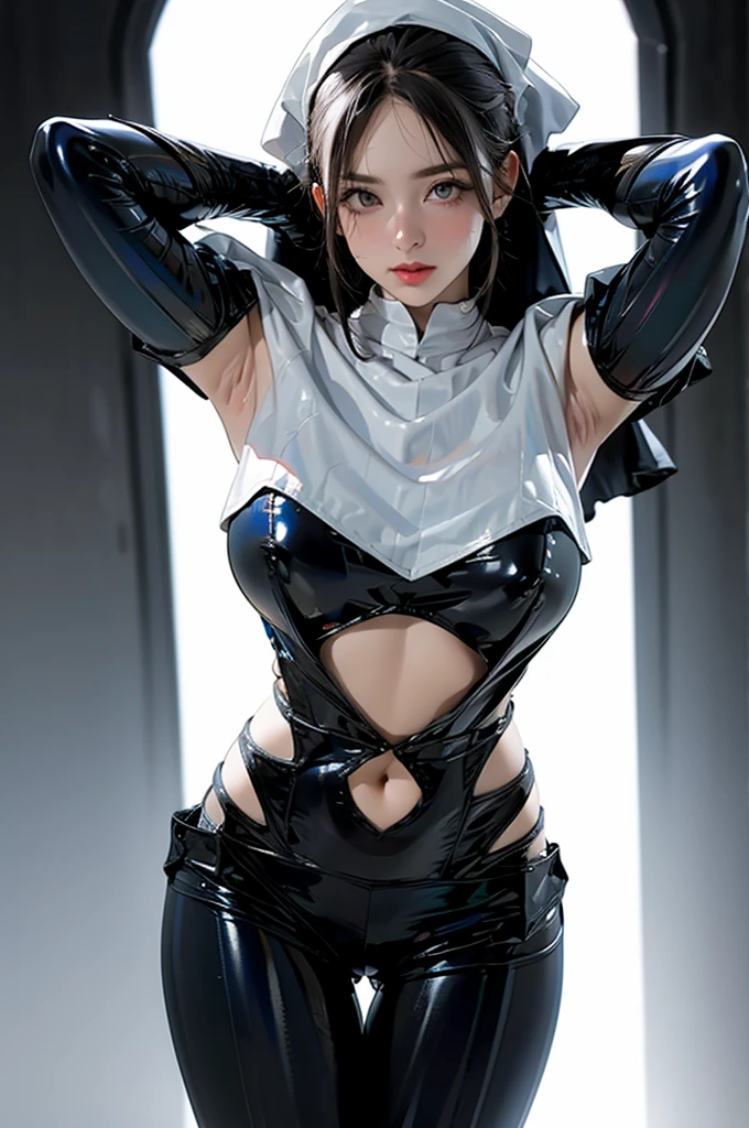 1girl,solo,medium breasts,(thigh gap:1.2),(cowboy shot:1.2),ruanyi020,squatting cowgirl position,black bodysuit,bdsm,nun,capelet,(white hair),, (masterpiece, best quality, hires, high resolution:1.2), (extremely detailed, realistic, intricate details, highres), 3d, cg,  bbw, shiny skin, , blush,, eyeliner, eyeshadow, eyelashes,, (gigantic breasts, saggy breasts:1.1), (cinematic lighting, sunlight, volumetric), looking at viewer, simple church background, vintage fantasy, 1960s \(style\), film grain,((show armpits,sexy armpits,clean armpits,sweat armpits)) less suit,few pieces of clothing,Spread your legs,Tight fitting dress