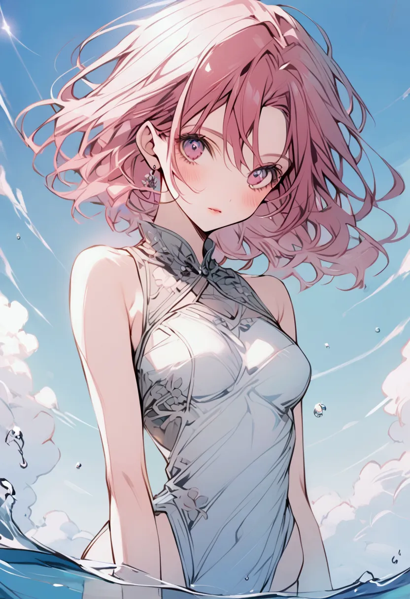 beautiful sakura haruno, with medium breast, lean body,standing in water, front view