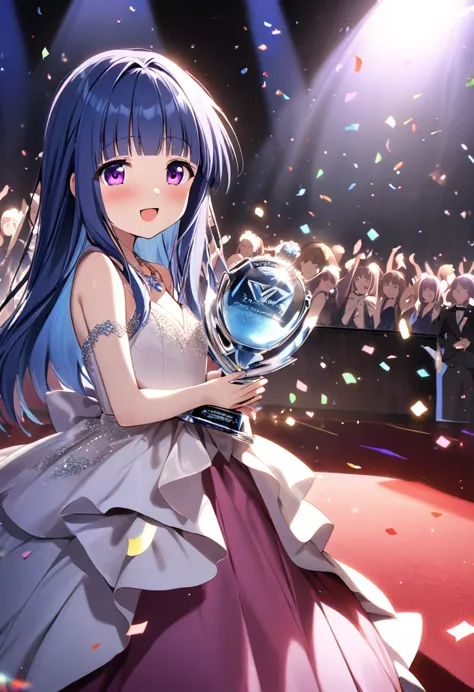 (Award-Winning Moment), (Rika Furude), Blue Hair, Purple eyes, Long Hair, blunt bangs, bangs, 1 girl, (Award Ceremony), Luxury D...