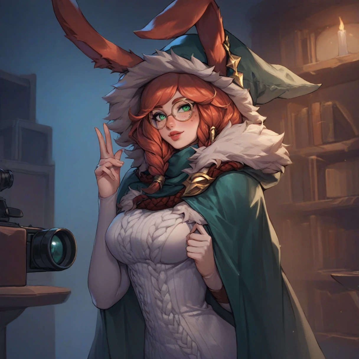 score_9, score_8_up, score_7_up, aurora (league of legends), 1girl, green eyes, rabbit ears, freckles, bangs, braid, green cloak, fur trim, hood down, library, round eyewear, earrings, posing seductively, white virgin killer sweater, green witch hat with bunny ears poking out, looking back at camera, sexy