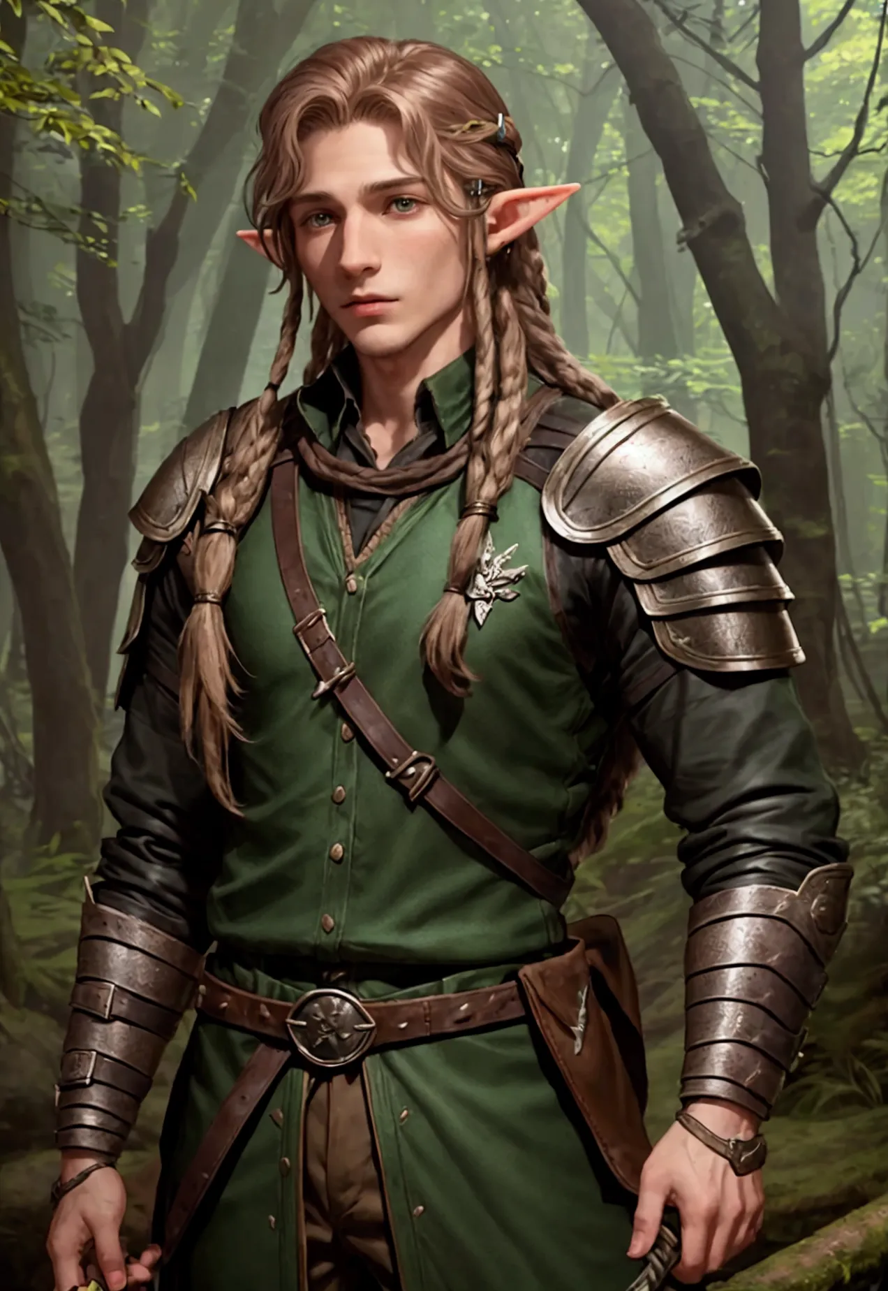 make a character of d&d young man a half-elf woodland ranger, with dreadlocks in the hair behind, with leather armor and a bow i...