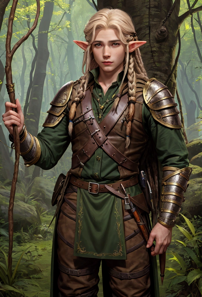 make a character of D&D young man a half-elf woodland Ranger, with dreadlocks in the hair behind, with leather armor and a bow in hand.