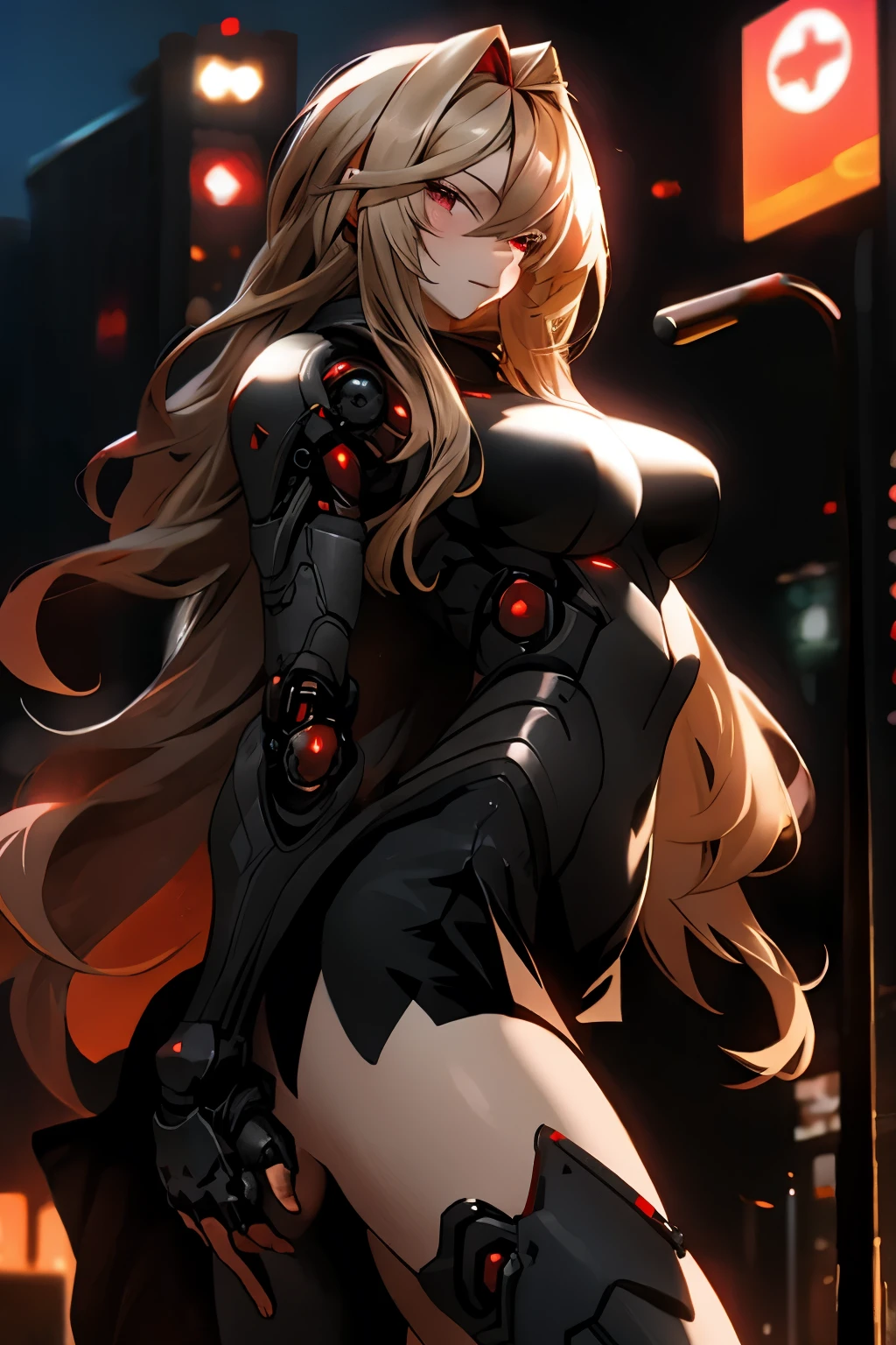 ((best quality)), ((Masterpiece)), (details), 1 girl, black armor, long blonde hair, short skirt, Red eyes, big breasts, city background, night, realistic, 8k, cyborg, cyberpunk, 