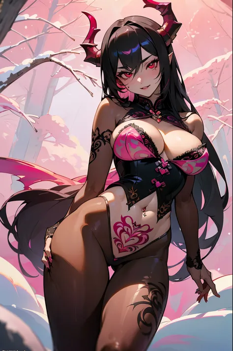 Succubus girl,(((Succubus,monster girl))),((milf,mom,mature,mature woman,45 years old female,adult)), ((extremely delicate and beautiful girl)), 1girl,sexy, (red demon horns,red glowing horns), (((devil wings))), (devil tail:1.3,demon black tail), body stocking, ((((crotch tattoo, heart shaped lower belly tattoo,glowing tattoos)))), big , big butt, thick legs, bitch, naughty face,heart pupils:1.4, heart,hearts,heart marks, (large breasts:1.5),saggy breasts,(((red_eyes:1.3))),intricate eyes,beautiful detailed eyes,symmetrical eyes,((((long hair, black hair,straight hair,colored inner hair)))),((((lustrous skin:1.5,tanned skin,bright skin:1.5,skin tanned,shiny skin,very shiny skin,shiny body)))),(spider lower abdomen,narrow waist,wide hip,bimbo body,inflated legs,thick thighs),(((detailed face))), (cute,slutty,sensual,seductive look,seductive,((erotic)),opulent,sumptuous,longingly,((nsfw))), queen,goddess,zettai ryouiki,high heels, black lace legwear, midriff,revealing clothing,show skin,side-tie string panties,navel,fangs,bare shoulders, sleeves, demonic clothes, boob space,tiny black corset,((cleavage)),(((intricate outfit,intricate clothes,embroidered outfit,ornate outfit,embroidered clothes,ornate clothes))), (seductive pose:1.0),embarrassed,(centered,scale to fit dimensions,Rule of thirds), ((snowy pink cherry forest:1.5,pink theme forest:1.5)),winter,scenery:1.25,((intricate scenery)),((snow forest background)), (Glossy winter ornaments),highres,sharp focus,(ultra detailed,extremely detailed),(photorealistic artwork:1.37),(extremely detailed CG unity 8k wallpaper),(((vibrant colors,vibrant theme))),(intricate),(masterpiece),(best quality),artistic photography,(photography taken by sldr),(intricate background),perfect rendered face,perfect face details,realistic face,photo realistic,((intricate detail)),(((realism))),
