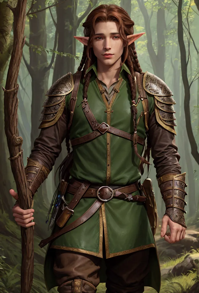 make a character of d&d young man a half-elf woodland ranger, with dreadlocks in the brown hair behind, with leather armor and a...