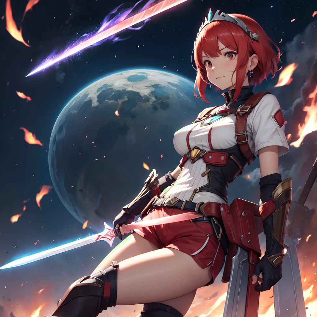 たきfire \(Xenoblade\), young_Teen_One girl, armor, bangs, black gloves, chest, Red eyes, Mouth closed, Earrings, eyelash, fingerless gloves, Floating Hair, framed chest, gem, gloves, hair ornaments, Headpiece, jewelry, big_chest, Lean back, leotard, Neon Trim, Official Art, Pause, Redhead, red Shorts, saitou masatsugu, short hair, short Shorts, Short sleeve, Shorts, Side Lock, Fits perfectly to the skin, alone, Are standing, swept bangs, Knee socks, tiara, night_grassland_landscape_background, turtleneck, Underbust, Arm guard, Xenoblade chronicles \(series\), (Xenoblade chronicles 2), Away_feet, fire_effect,dynamic_Pause_Finding,Light_smile, (Plump:1.1), big_Butt,Huge_sword, all_big_sword_Pattern, alone, Covered_Nipples, Covered_Pussy,