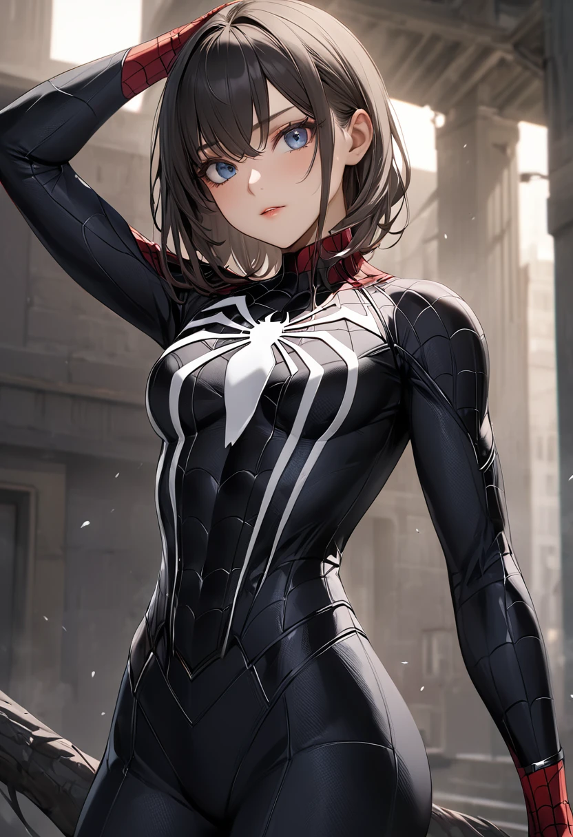 　masterpiece,Highest quality,Absurd,High resolution,4K,Black Spider-Man Suit,Perfect Face,Perfect Eyes,Intricate details,Very detailed, One girl,Sexy pose,(Cowboy Shot:1.2),Black Spider-Man Suit,white,、