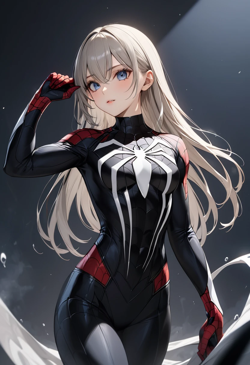 　masterpiece,Highest quality,Absurd,High resolution,4K,Black Spider-Man Suit,Perfect Face,Perfect Eyes,Intricate details,Very detailed, One girl,Sexy pose,(Cowboy Shot:1.2),Black Spider-Man Suit,white,、