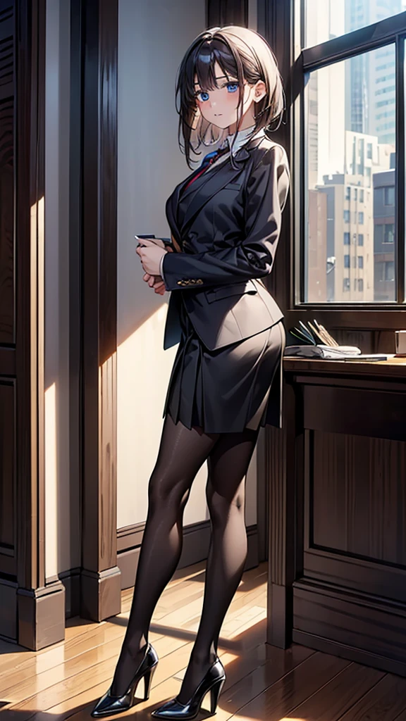 (masterpiece), ((Highest quality)), (masterpiece,Highest quality,Official Art,Highly detailed CG Unity 8K wallpapers), (Short Bob), photograph, Elegant, upper class, Elite secretary wearing a business shirt, Working in the office,(suit, skirt, Jacket), tie, Wearing pantyhose,Wear high quality heels,Girl in a shirt, suitを着ている, Huge ,whole body,suitを着ている, tie, Dramatic Light，Viewer Display, ((office Street:1.3))