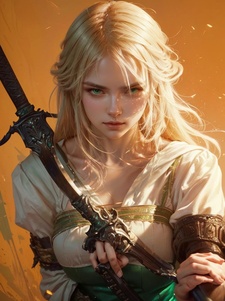 a closeup of a woman with a sword and a green dress, feature, feature from the Sorcerer, alena aenami and artgerm, feature holding a cat, Sorcerer)), Artgerm and Atey Ghailan, artegerm craig mullins, awesome character art, extremely detailed artistic germ, guweiz style artwork