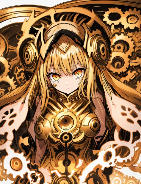 1girl, golden eyes, golden hair, time goddess, gears, watches, pretty clothes, (high resolution, high detail, best quality),