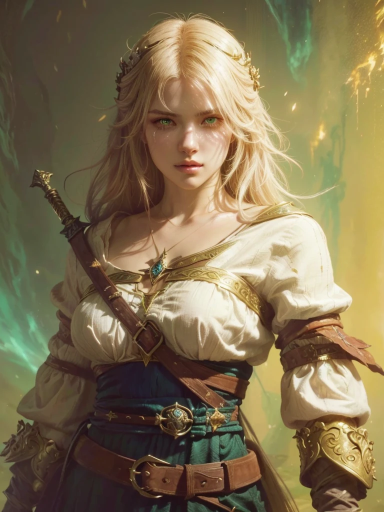 a closeup of a woman with a sword and a green eye, feature, feature from the Sorcerer, Sorcerer)), feature holding a cat, the Sorcerer concept art, awesome character art, Beautiful character painting, artegerm craig mullins, Exquisite and epic character art., 4K fantasy art, alena aenami and artgerm, fantasy character art