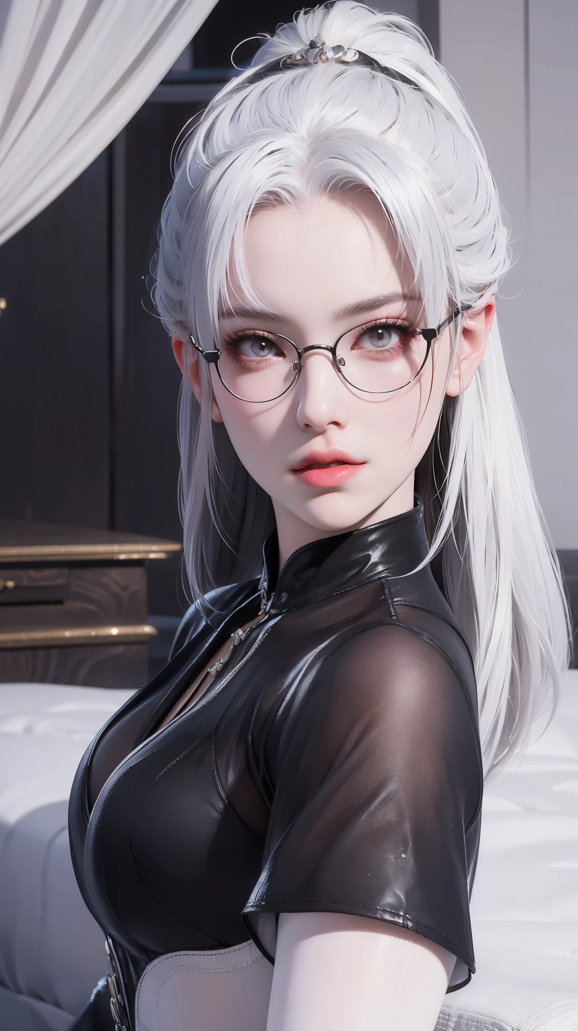 Domineering female CEO，Slim，White hair，长White hair，Lying in bed，Full body portrait，Black pantyhose，（top view），close up，wear glasses，Wearing a black suit，mini skirt，On the stomach