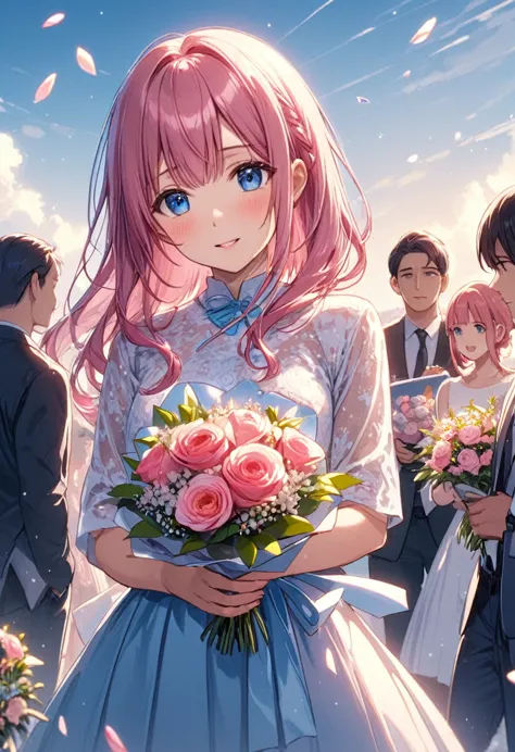 proposal、bouquet、girl with pink hair、blue eyes、twin drill、a scene from a movie