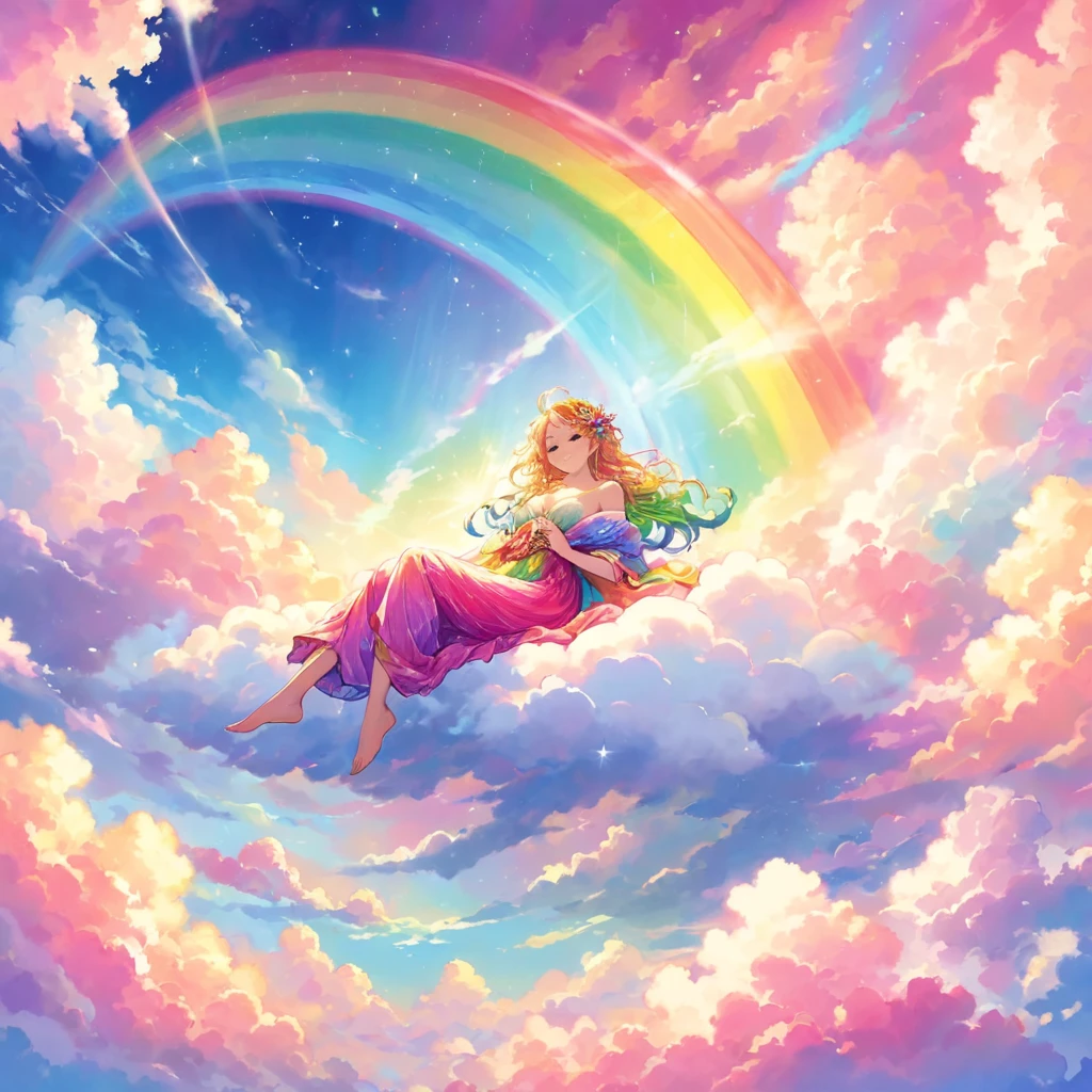 A stunningly ethereal woman, composed of a dazzling array of rainbow hues, reclines gracefully at the end of a radiant rainbow amidst the fluffy clouds in the sky. Bathed in dynamic and enchanting lighting, accentuates her vibrant, full-bodied form. Fantasy art. Masterpiece 