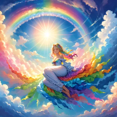 A stunningly ethereal woman, composed of a dazzling array of rainbow hues, reclines gracefully at the end of a radiant rainbow a...