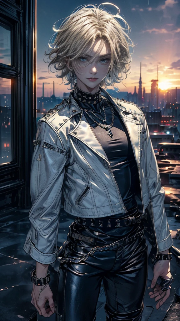 cinematic lighting、highest quality,cyberpunk world、1 male、(20 year old beautiful man、Detailed beautiful facial featureedium bob blonde hair、messy hair、Blue eyes:1.4)smile、BREAK,medium bob、（bright blonde hair:1.5）
BREAK
((dark leather rebellion) theme),（punk rock t-shirt） (full leather outfit with a fitted white color leather jacket,:1.3 ）（leather pants, and chunky boots:1.1), (accessorized with silver chain jewelry and a studded leather belt:1.3)、BREAK.（blonde hair）
（Evening after the rain、You can see the sunset、A place where you can see futuristic buildings in the distance、A wet place right after the rain:1.2）BREAK（portrait angle）