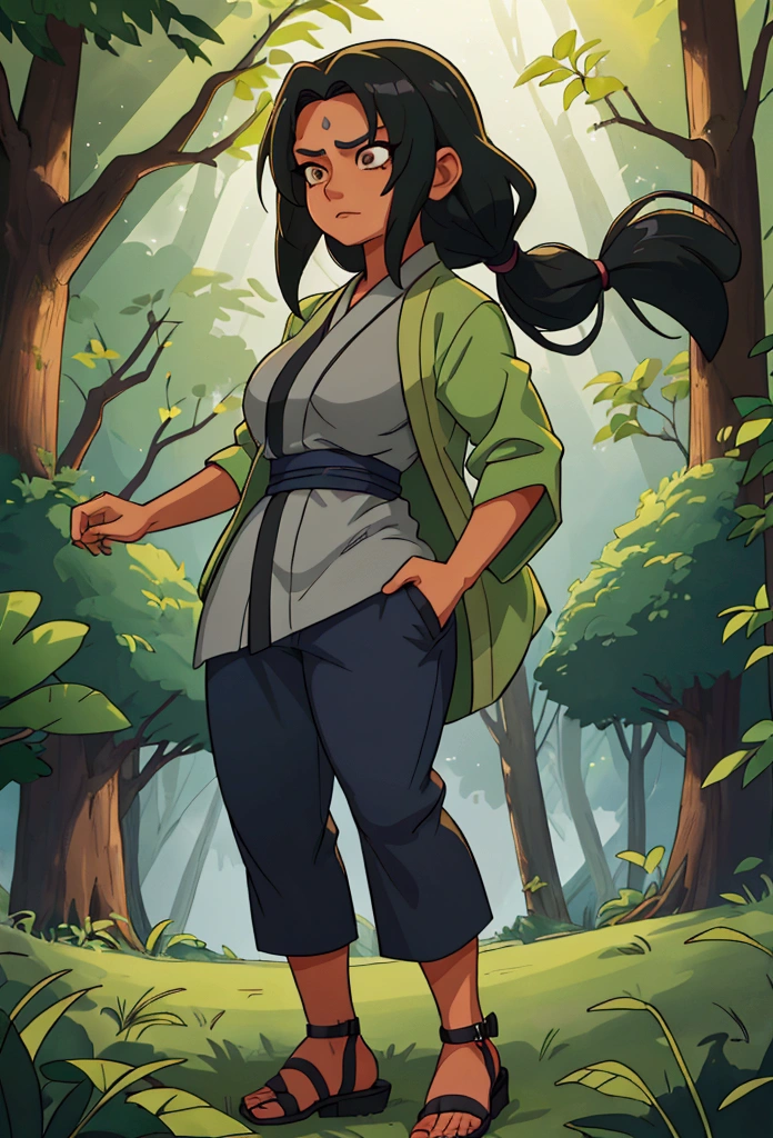 A young girl with tanned skin, dark eyes, and black curly hair. She is dressed in the outfit of Tsunade Senju from Naruto. The background is a serene forest with soft sunlight filtering through the trees, casting a gentle glow on her. Her expression is confident and determined, reflecting the strength and resolve of Tsunade. The colors should be vibrant, highlighting the richness of her skin tone and the details of the outfit, which includes a green haori, grey kimono, navy pants, and open-toe sandals. She stands with a poised and powerful stance, exuding a sense of authority and grace.