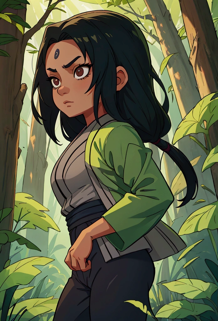 A young girl with tanned skin, dark eyes, and black curly hair. She is dressed in the outfit of Tsunade Senju from Naruto. The background is a serene forest with soft sunlight filtering through the trees, casting a gentle glow on her. Her expression is confident and determined, reflecting the strength and resolve of Tsunade. The colors should be vibrant, highlighting the richness of her skin tone and the details of the outfit, which includes a green haori, grey kimono, navy pants, and open-toe sandals. She stands with a poised and powerful stance, exuding a sense of authority and grace.