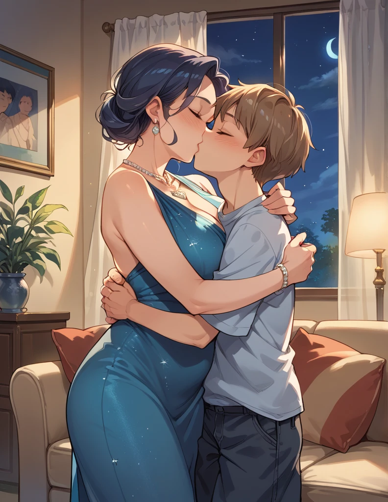 score_9, score_8_up, score_7_up, source_anime, 1boy, 1girl, mature female in a sexy revealing  dress, necklace, mother and son, kid, kissing , romantic, night time, in the living room,  (hugging from behind) 