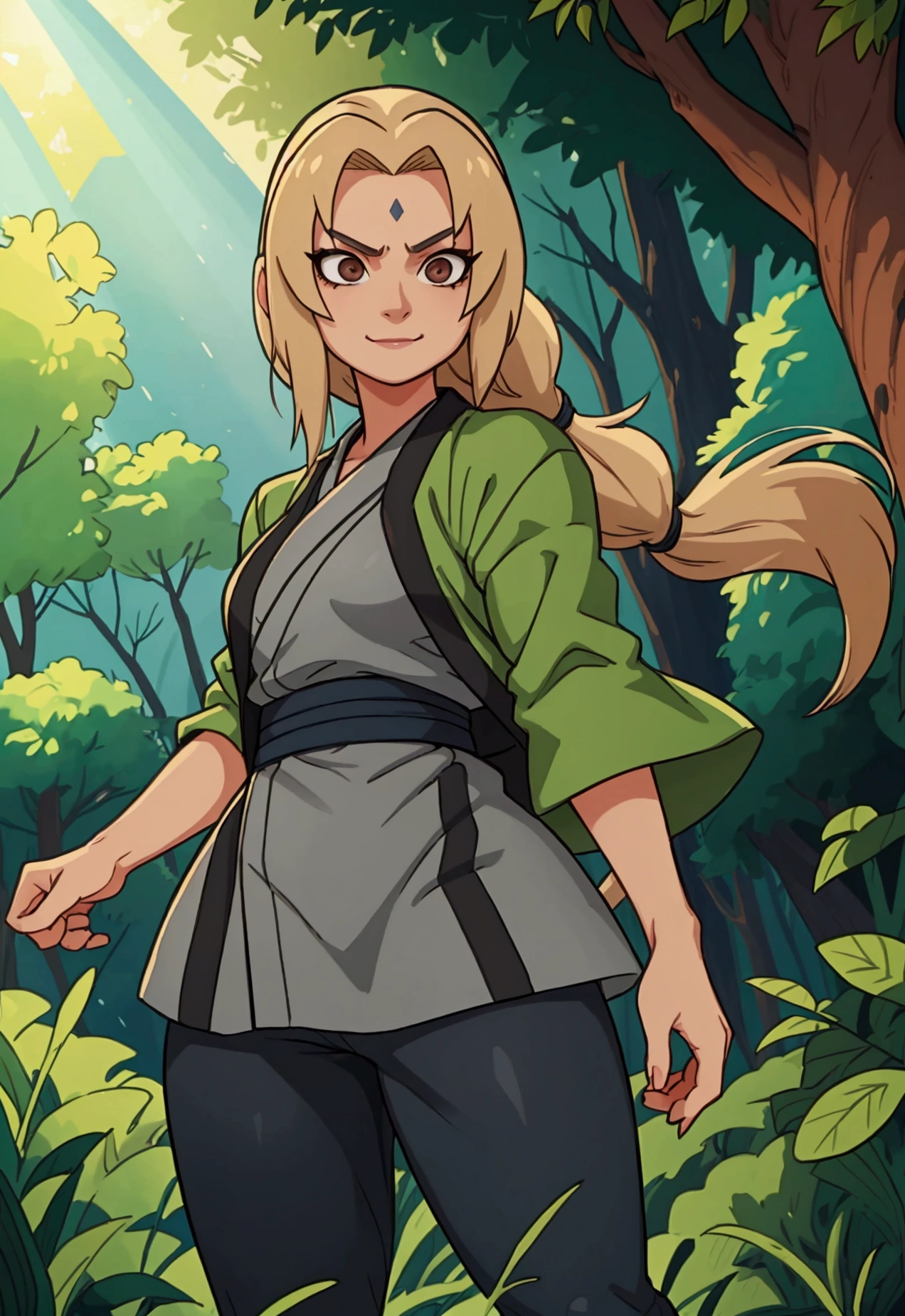 A young girl with tanned skin, dark eyes, and black curly hair. She is dressed in the outfit of Tsunade Senju from Naruto. The background is a serene forest with soft sunlight filtering through the trees, casting a gentle glow on her. Her expression is confident and determined, reflecting the strength and resolve of Tsunade. The colors should be vibrant, highlighting the richness of her skin tone and the details of the outfit, which includes a green haori, grey kimono, navy pants, and open-toe sandals. She stands with a poised and powerful stance, exuding a sense of authority and grace. She should have all the mannerisms and characteristics of Tsunade, including a strong and fearless posture, a confident and slightly mischievous smile, and the presence of her iconic forehead mark.