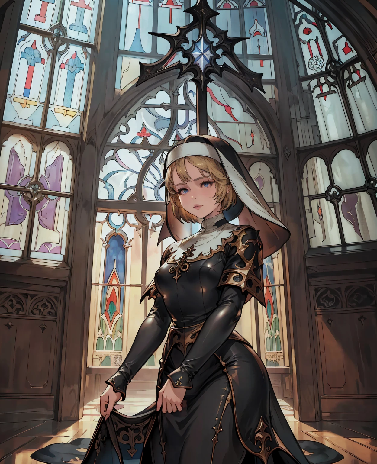 (Ella freya as nun,1girl,beautiful detailed eyes,beautiful detailed lips,extremely detailed face and eyes,longeyelashes,nun outfit,church interior,ornate cathedral,stained glass windows,sunlight shining through windows,dramatic lighting,cinematic,highly detailed,sharp focus,photorealistic,extremely detailed,8k,realistic,masterpiece)