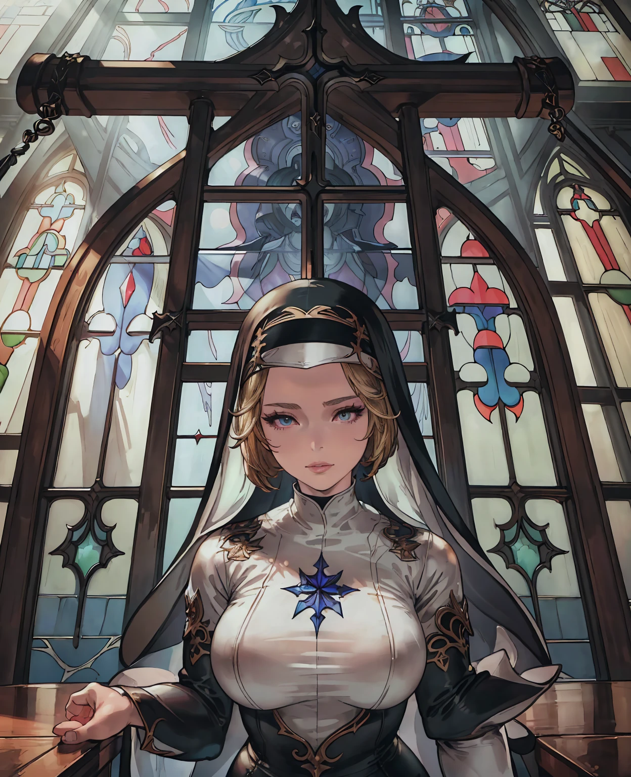 (Ella freya as nun,1girl,beautiful detailed eyes,beautiful detailed lips,extremely detailed face and eyes,longeyelashes,nun outfit,church interior,ornate cathedral,stained glass windows,sunlight shining through windows,dramatic lighting,cinematic,highly detailed,sharp focus,photorealistic,extremely detailed,8k,realistic,masterpiece)