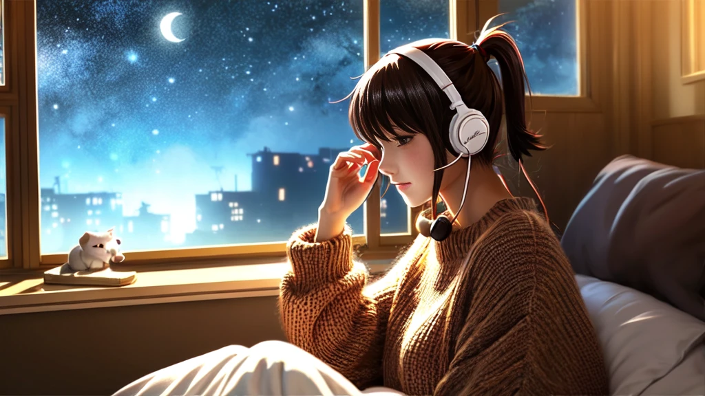 Detailed anime girls, Wearing a large sweater, Wearing headband headphones, praise, quiet, quiet雰囲気, cold, Looking out the window in the bedroom, night, quiet night, Cat, masterpiece, Highest quality