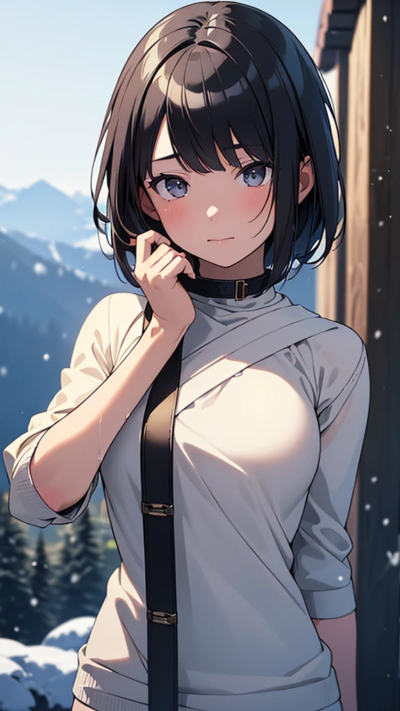 (masterpiece:1.3), (8k, Realistic, RAW Photos, Highest quality: 1.4), (1 anime girl), Beautiful Face, (Realistic Face), (Black Hair, short hair:1.3), Beautiful hairstyle, Realistic eyes, Beautiful attention to detail, (Realistic Skin), Beautiful Skin, (sweater), Absurd, Charm, Ultra-high resolution, Ultra-realistic, Very detailed, Golden Ratio，{{The Yuki-onna finds a dead girl in skiwear stranded on a snowy mountain, and peels off the face from the dead girl, transplants it, and takes her place.}}，NSFW