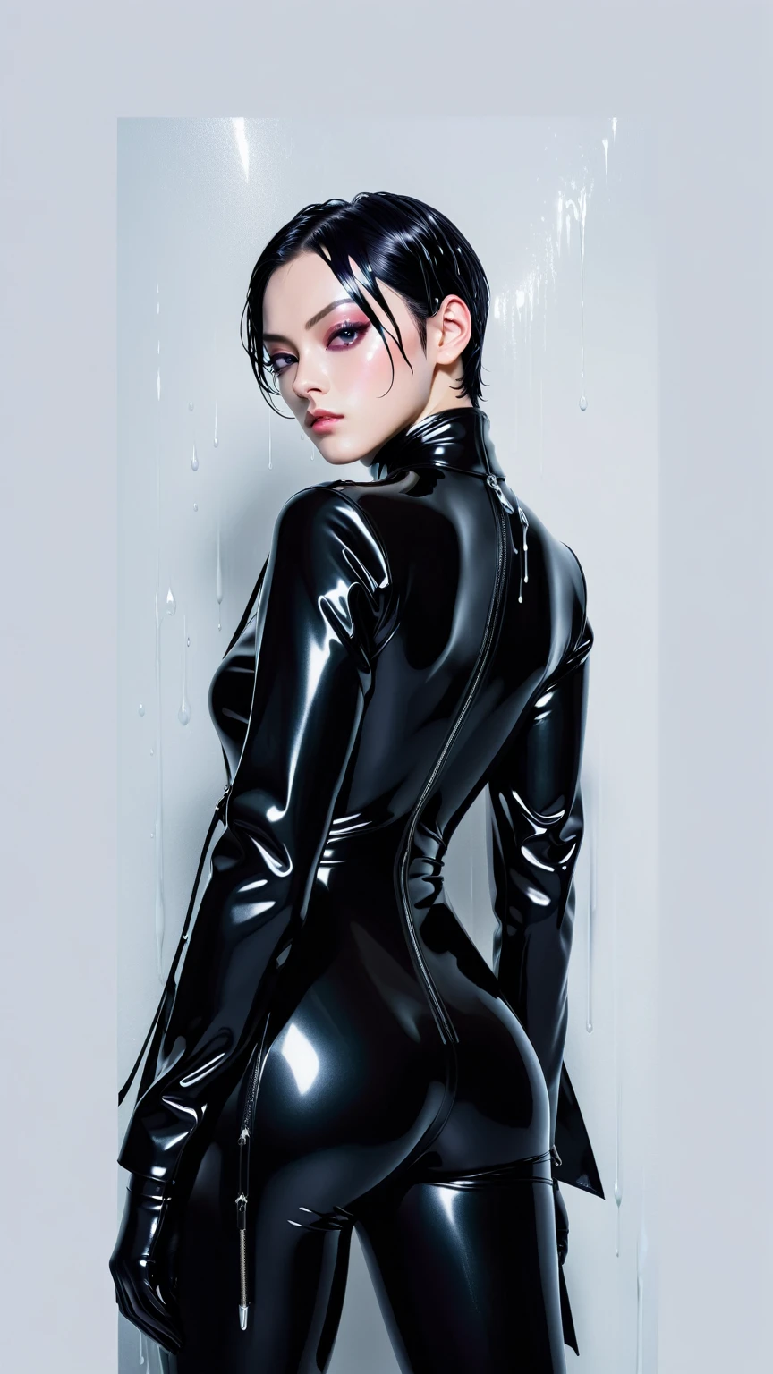 a close-up of a man in a wetsuit holding a knife, black latex suit, wearing atsuko kudo latex outfit, terno de shiny latex futurista, Inspired by Jeon Jungkook, south korean boy, wearing a black jumpsuit, using latex, shiny latex, black latex, terno de shiny latex cyberpunk, inspired by Herb Ritts, æon flux style mix