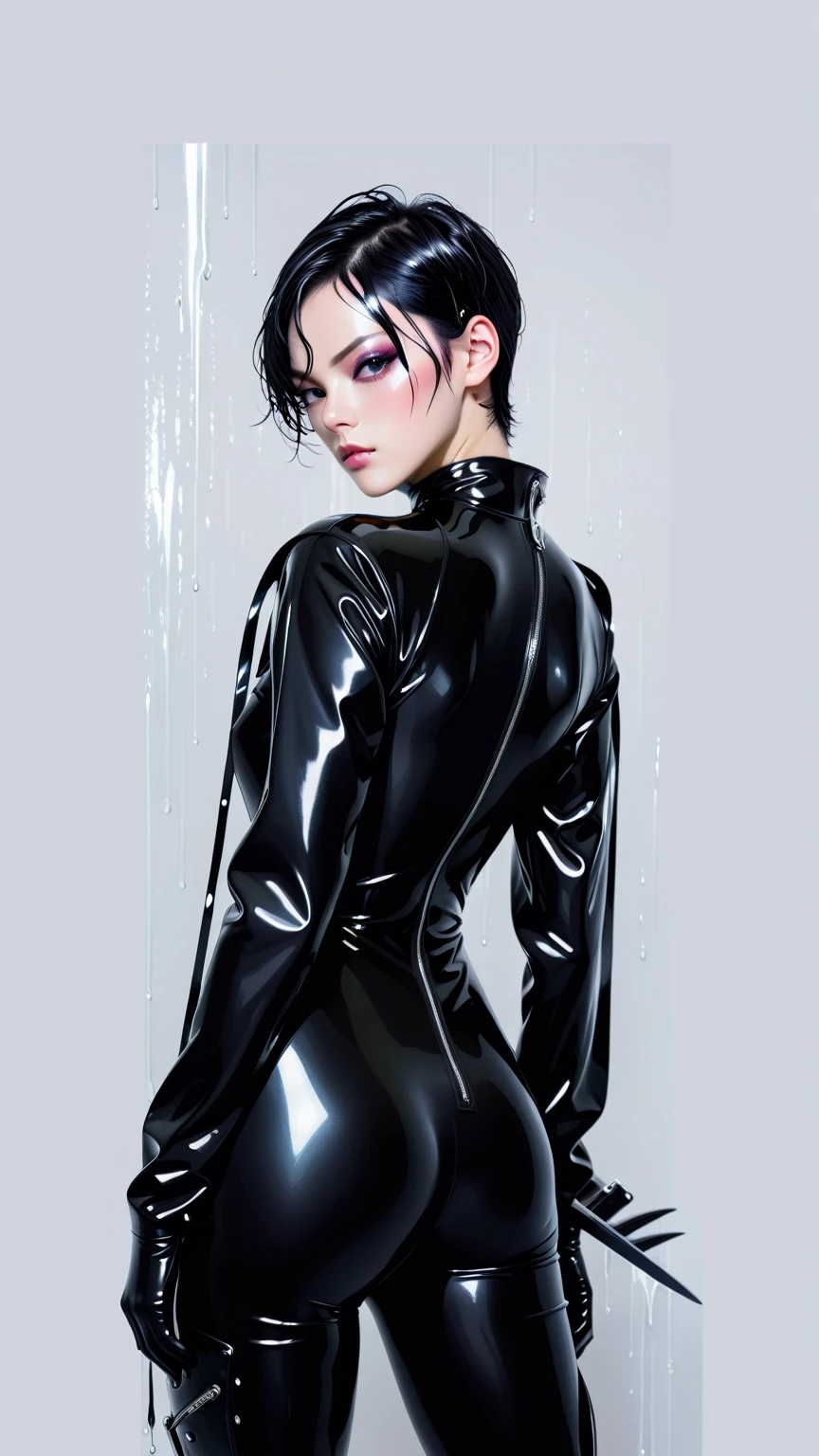 a close-up of a man in a wetsuit holding a knife, black latex suit, wearing atsuko kudo latex outfit, terno de shiny latex futurista, Inspired by Jeon Jungkook, south korean boy, wearing a black jumpsuit, using latex, shiny latex, black latex, terno de shiny latex cyberpunk, inspired by Herb Ritts, æon flux style mix