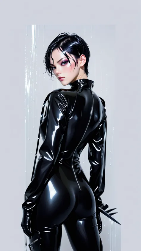 a close-up of a man in a wetsuit holding a knife, black latex suit, wearing atsuko kudo latex outfit, terno de shiny latex futur...