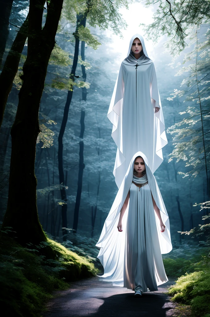 masterpiece, best quality, ultra high res, beautiful, visually stunning, elegant, incredible details,  award-winning art,  g0s1, ghost,hood,torn cloak,  faceless,     nature, forest, night, fog, night sky,     1girl, solo, breasts, no humans, floating, white clothes create a image of the apparition of the ghostly beautiful ghostly apparation of a female ghost