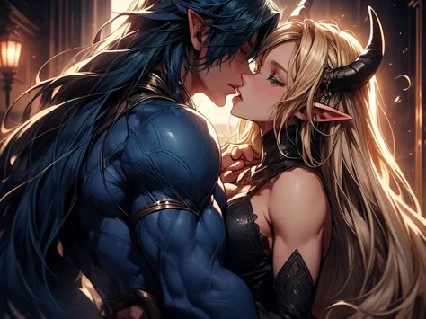 (female blonde elf and male dark blue haired elf) (male elf with big muscles and long dark blue hair) a tall long haired male el...