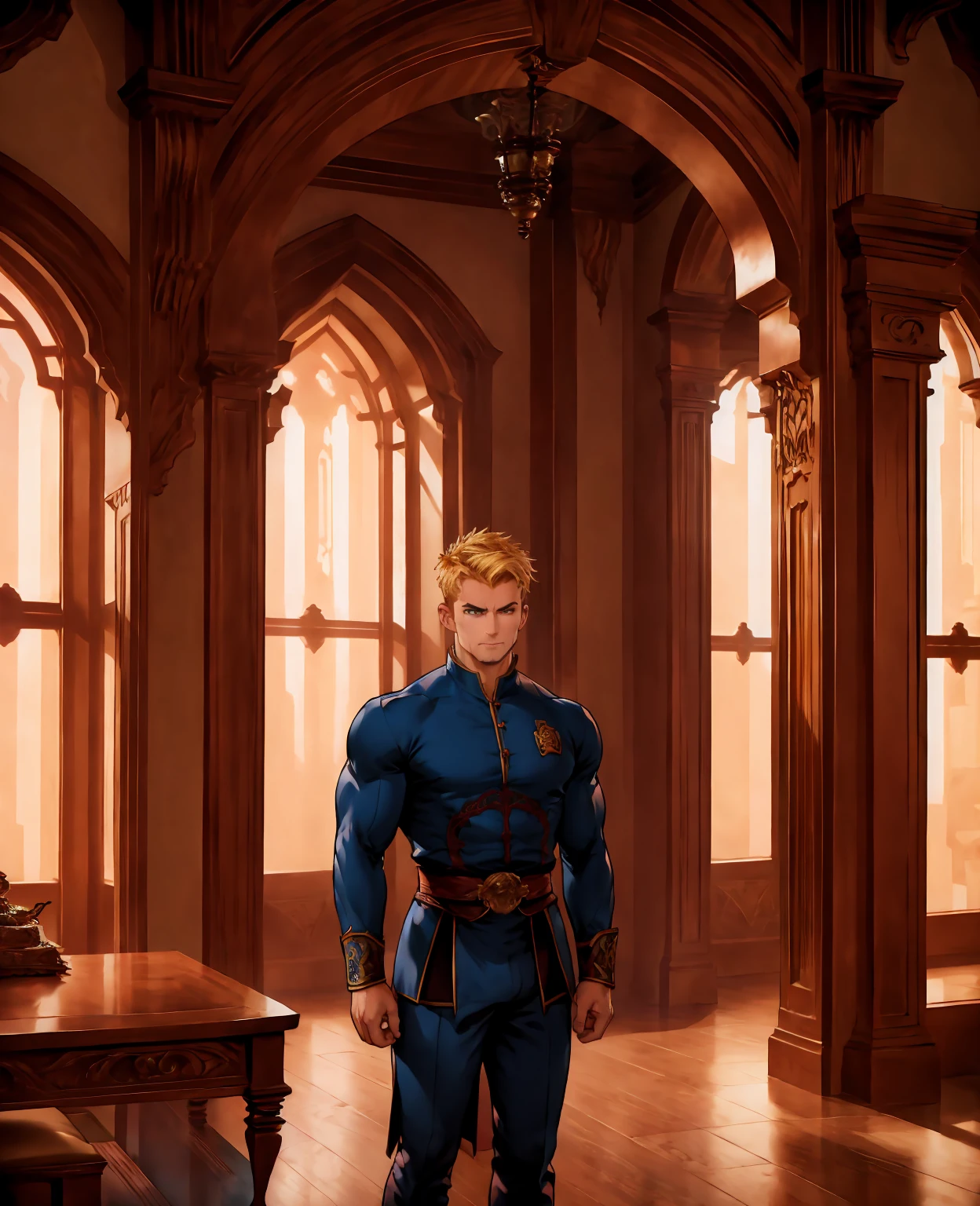 a muscular man with blonde hair, piercing blue eyes, chiseled face, handsome, wearing a royal uniform, standing in a lavish palace interior, sunlight streaming through windows, detailed ornate architecture, classical renaissance style, dramatic lighting, cinematic composition, hyper realistic, 8K, photorealistic