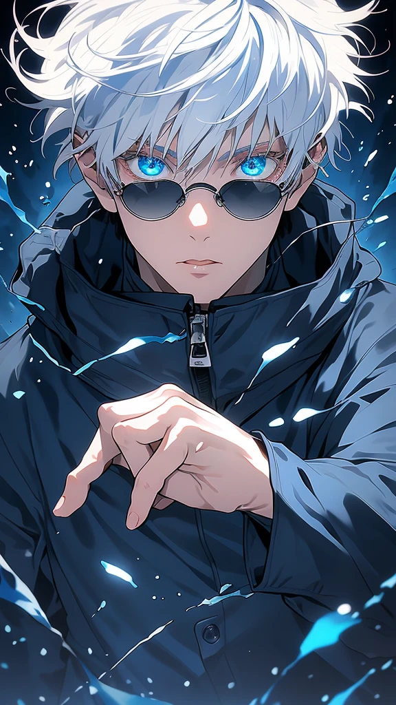 Gojo Satoru, One boy, whole body, Gray Hair, blue eyes, View your viewers,Beautiful Eyes,
High collar, Hair between the eyes, black Jacket,short hair, bangs, Gray Hair, Colorful quartz stones, Hair between the eyes, Colored eyelashes, black Jacket, Jacket, High collar, Round sunglasses, 
Fantasy