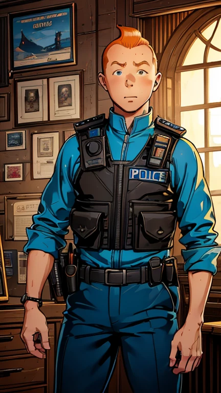 (Teens:1man: Tintin), (extremely detailed CG unit 8k wallpaper),(master part), (best quality), (ultra detali), (best illustration),(Police uniform), cowboy shot, (Sharp eyeliner, ombre, detailed eyes:1),Dark Police station interiors background, ,break , upper body, short hair, orange hair