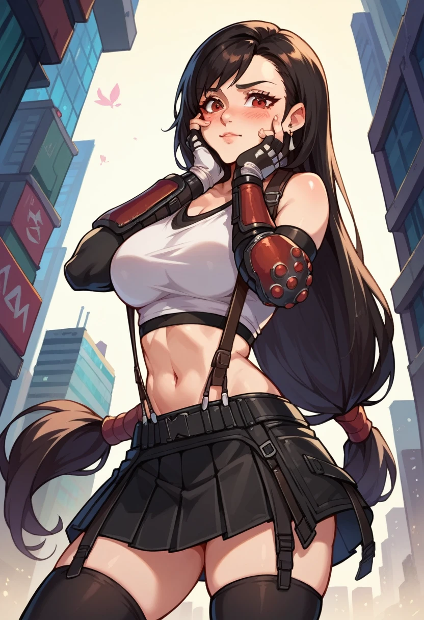 score_9, score_8_up, score_7_up, 1girl, solo, 7rtifa, red eyes, long hair, black hair, earrings, crop top, suspenders, pleated miniskirt, black thighhighs, arm guards, elbow gloves, fingerless gloves, blushing, thoughtful face, hands on face,  standing, looking down, dark futuristic city, from behind