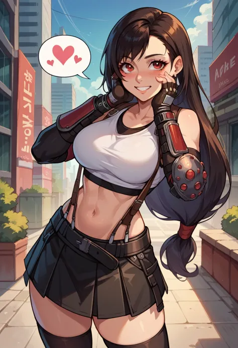 score_9, score_8_up, score_7_up, 1girl, solo, 7rtifa, red eyes, long hair, black hair, earrings, crop top, suspenders, pleated m...