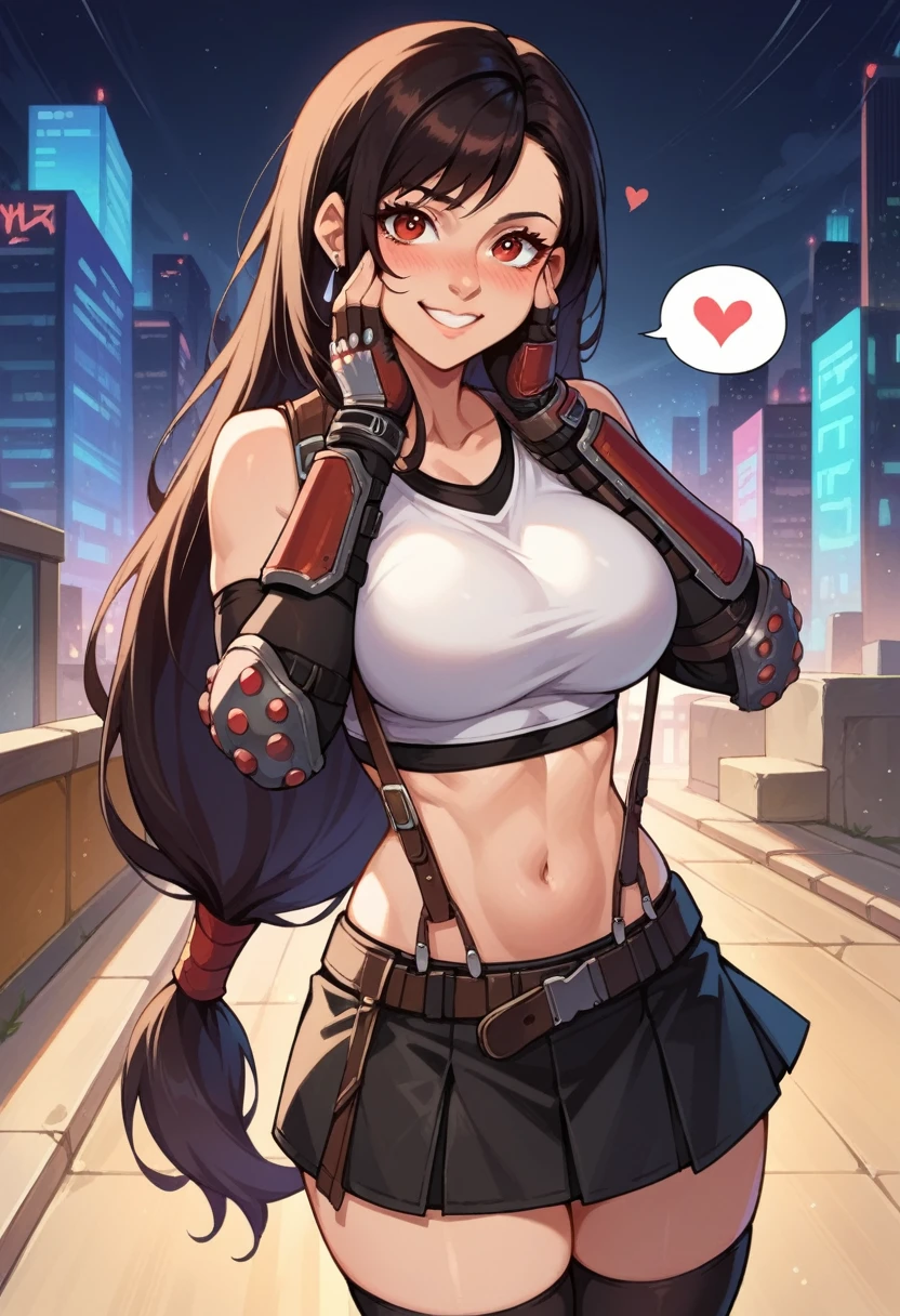 score_9, score_8_up, score_7_up, 1girl, solo, 7rtifa, red eyes, long hair, black hair, earrings, crop top, suspenders, pleated miniskirt, black thighhighs, arm guards, elbow gloves, fingerless gloves, blushing, hands on face,  smiling, little hearts floating,speech bubble, standing, looking at you, dark futuristic city,