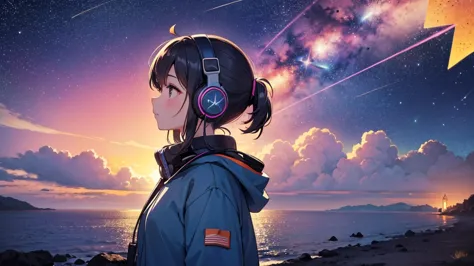 A girl in profile with "headphones", listening to music in the "headphones", looking up at the night sky full of stars and meteo...