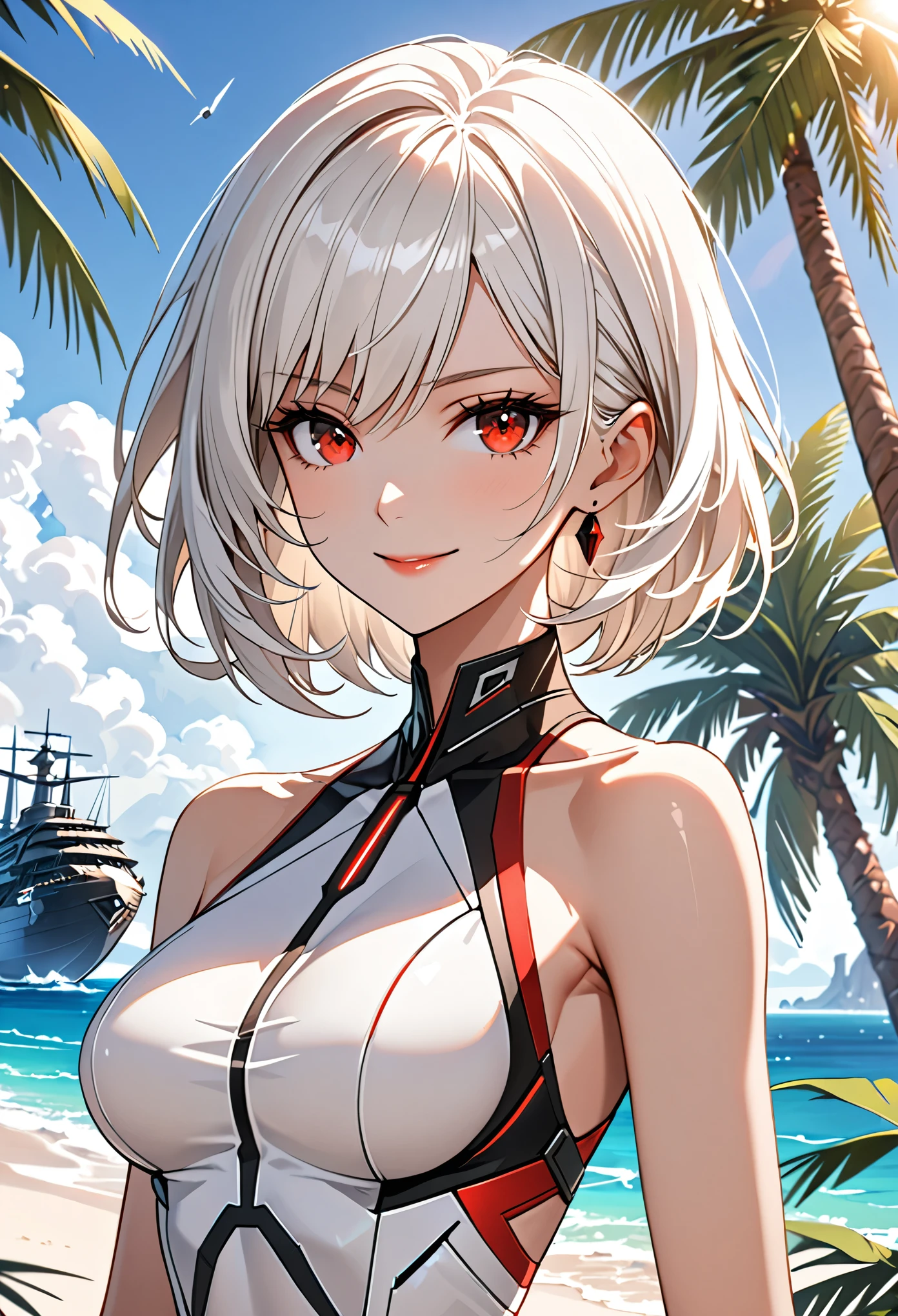 solo female, short white hair, red eyes, large breasts, female ceo, futuristic, simple elegance, elegant clothes, beach, simple swimsuit, sunny, small smile, palm tree, jewelry, broad shoulders, fit close up, airship