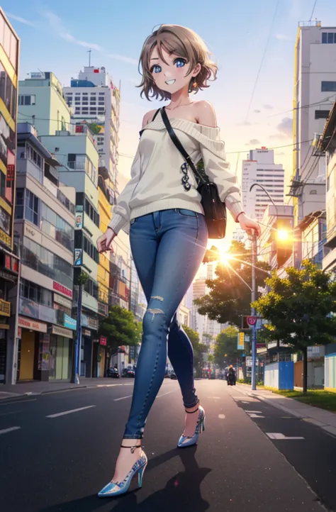 Yo Watanabe, Watanabe Yo, short hair, blue eyes, Brown Hair, smile, Grin,One-shoulder sweater,Skinny jeans,Stiletto heels,Walkin...