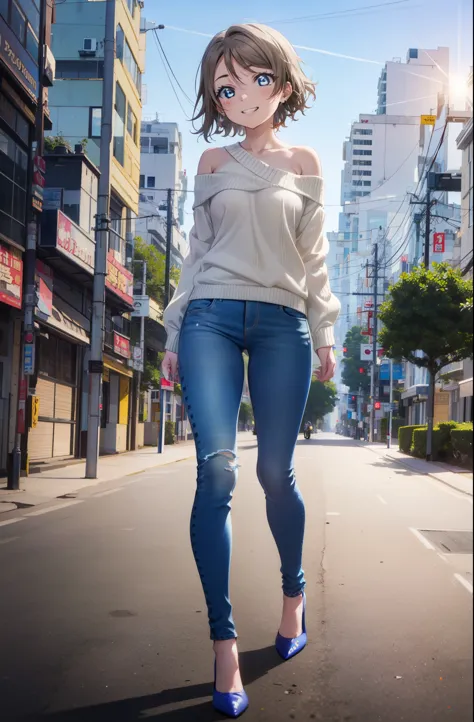 Yo Watanabe, Watanabe Yo, short hair, blue eyes, Brown Hair, smile, Grin,One-shoulder sweater,Skinny jeans,Stiletto heels,Walkin...