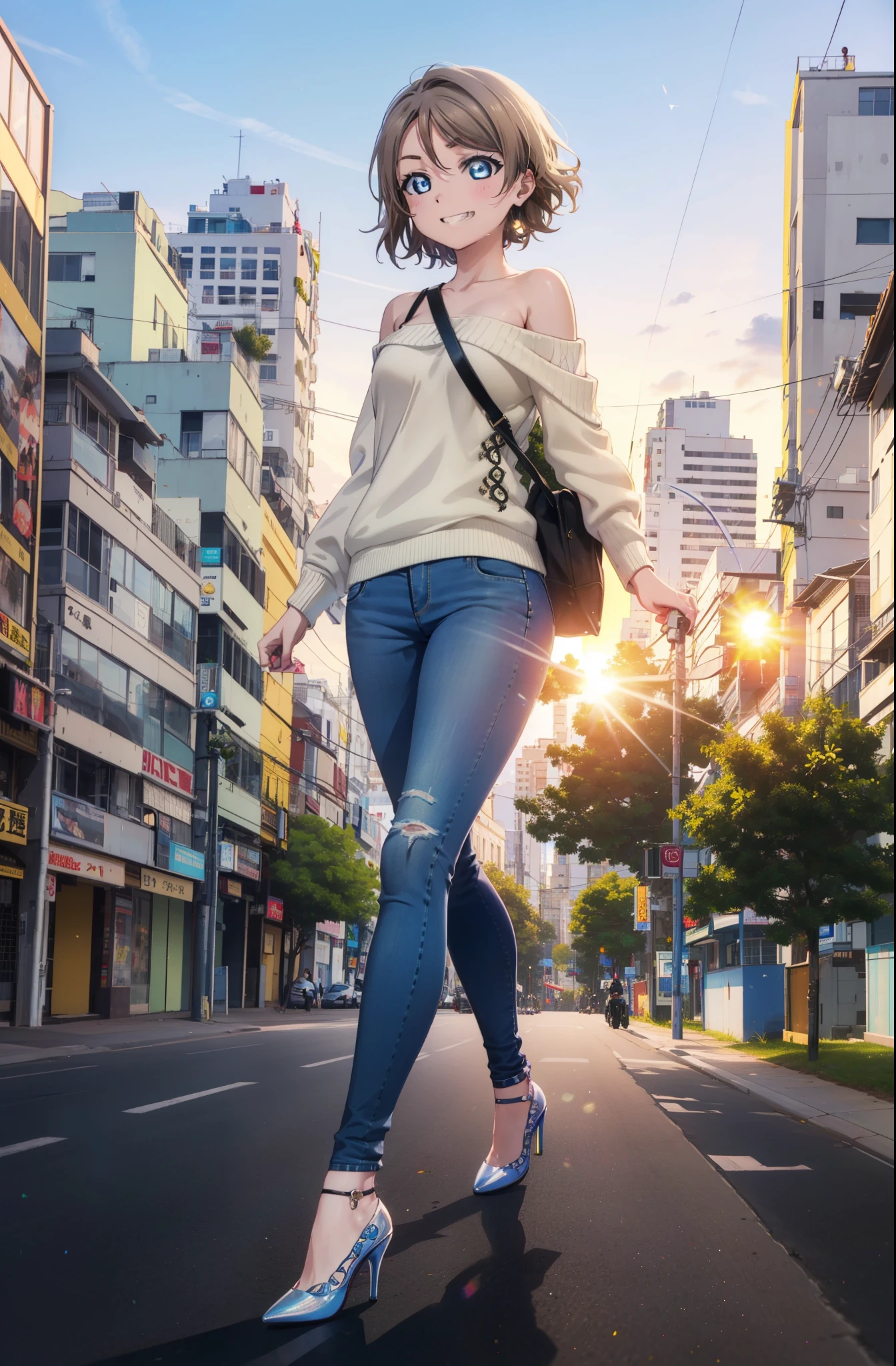 Yo Watanabe, Watanabe Yo, short hair, blue eyes, Brown Hair, smile, Grin,One-shoulder sweater,Skinny jeans,Stiletto heels,Walking,morning,morning陽,The sun is rising,So that the whole body goes into the illustration,
Destroy outdoors, Destroying a city of buildings, looking at viewer, (Cowboy lll Destroy (masterpiece:1.2), Highest quality, High resolution, unity 8k wallpaper, (figure:0.8), (Beautiful attention to detail:1.6), Highly detailed face, Perfect lighting, Highly detailed CG, (Perfect hands, Perfect Anatomy),