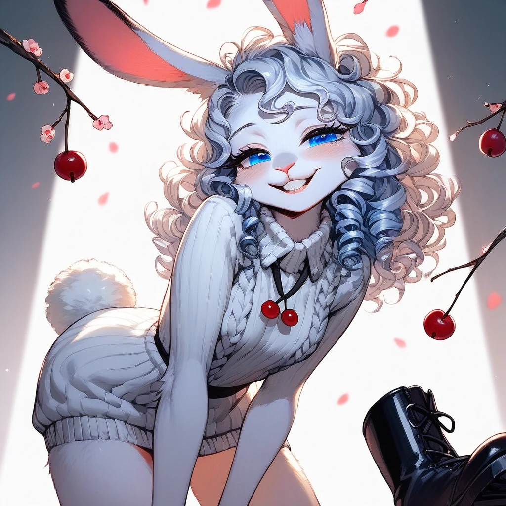 Solo, score_9,score_8_up,score_7_up, source_furry, (bunny, Anthro furry bunny girl, adult female, blue eyes, long white curly hair,  eyes half closed, white fur, fluffy bunny tail), wearing white knitted sweater dress, standing, teeth, a cherry placed between her teeth, biting on a cherry, (a cherry in her mouth):1.4, close up, seductive,  cheerful smile, , sitting down., view looking down, , stepping on the viewer, knee high black boots with several buckles on them. 