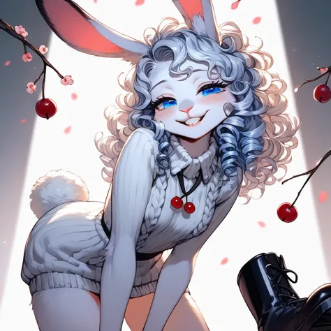 solo, score_9,score_8_up,score_7_up, source_furry, (bunny, anthro furry bunny girl, adult female, blue eyes, long white curly ha...