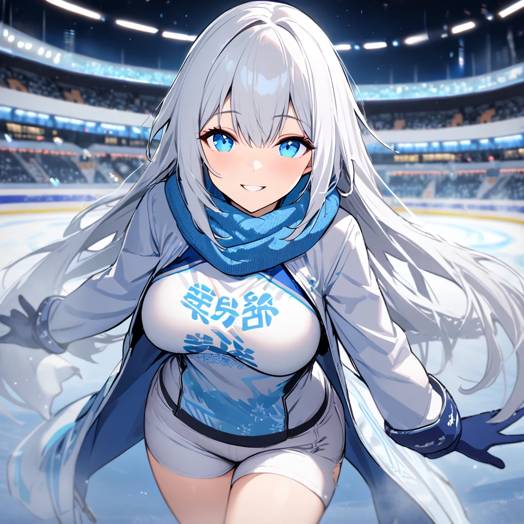 A woman wearing tight white shorts, wearing ice skates, wearing a blue cold shirt, kanji writer on the shirt, cold scarf over her white neck, blue gloves, on the ice rink, ice stadium, standing, smiling, breasts big, white hair, long hair, ice blue eyes,perfect face, perfect eyes, close view, Azur_lane, IJN_Shoukaku, location at night, with perfect lighting, (solo woman)

